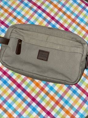 Lucky Brand Canvas Toiletry Bag in Khaki with Brown Trim